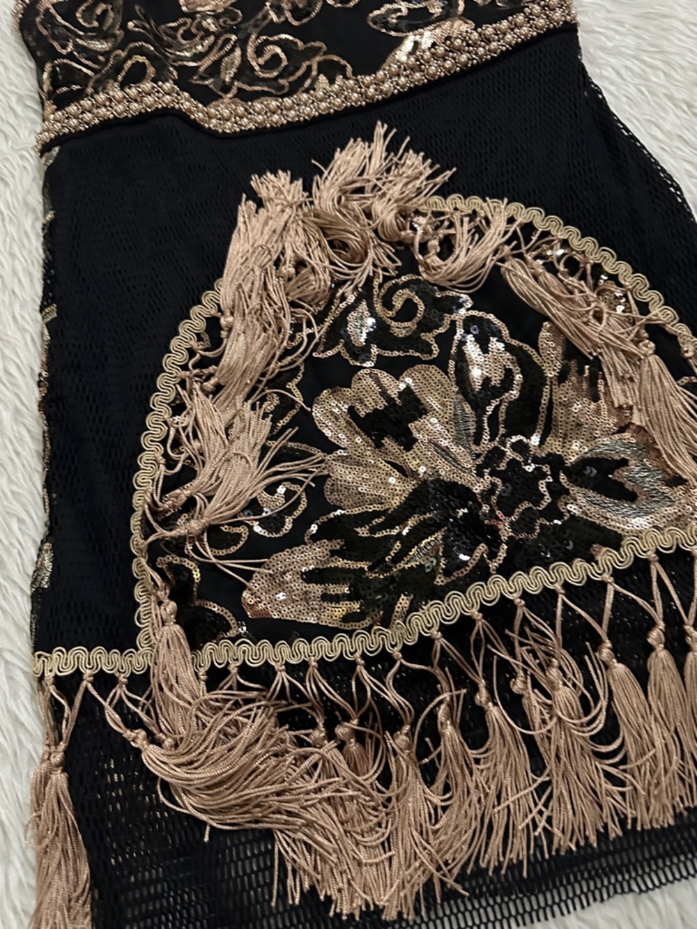 12th Tribe Black and Gold Embellished Halter Fringe Dress - Picture 2 of 10